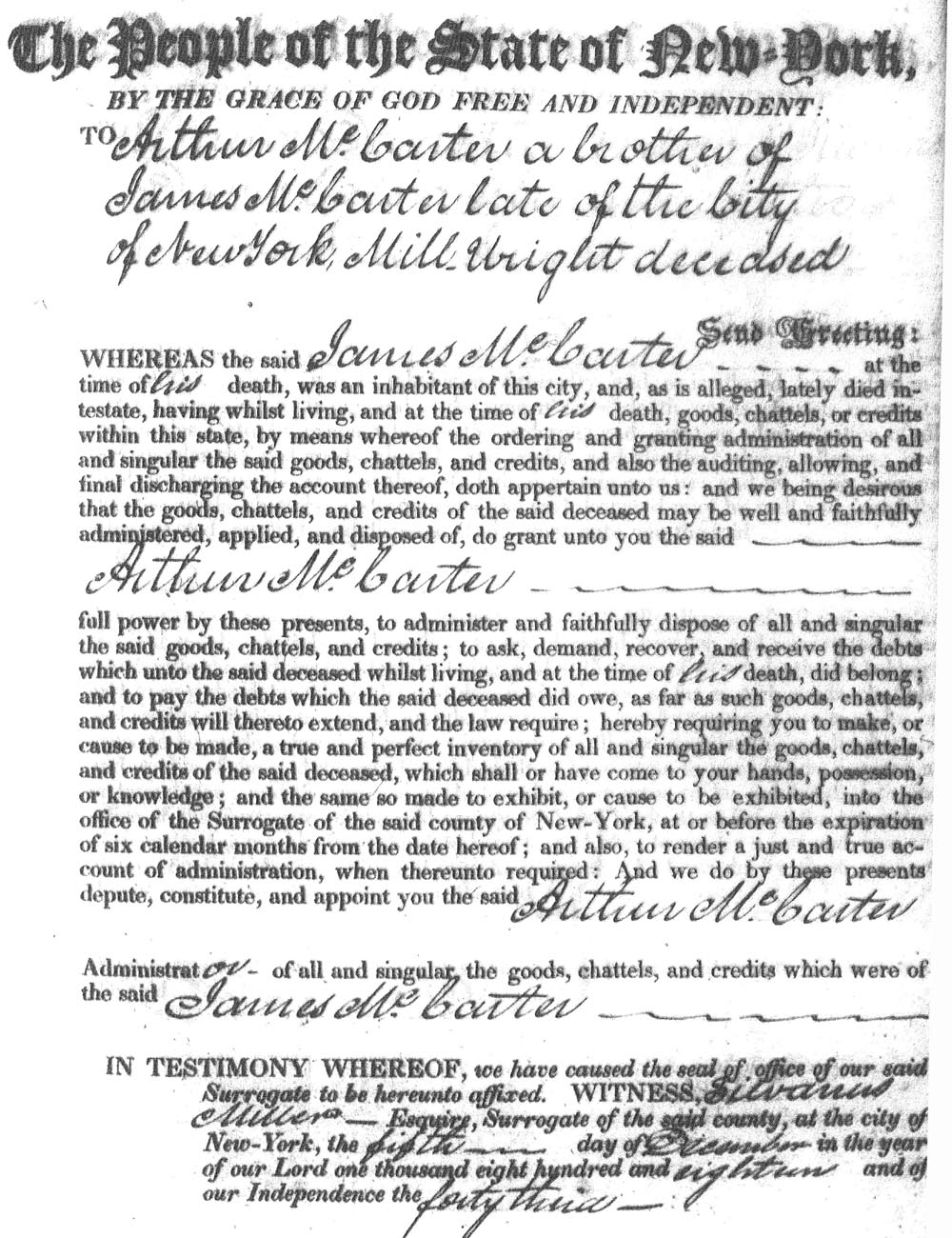 1818 Letters of Administraton for the Estate of James McCarter 1818 Letters of Administraton for the Estate of James McCarter